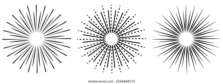 Circle line. Sunshine light ray. Black beam isolated  Comic pattern. Sun effect rays. Radial circle lines vector illustration eps 888.