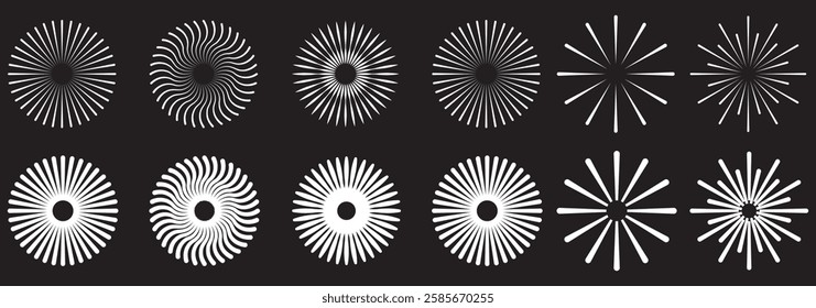 Circle line. Sunshine light ray. Black beam isolated on white background. Comic pattern. Sun effect rays. Flat design elements. Spokes with radiating stripes. Abstract illusion geometric shapes. 1176