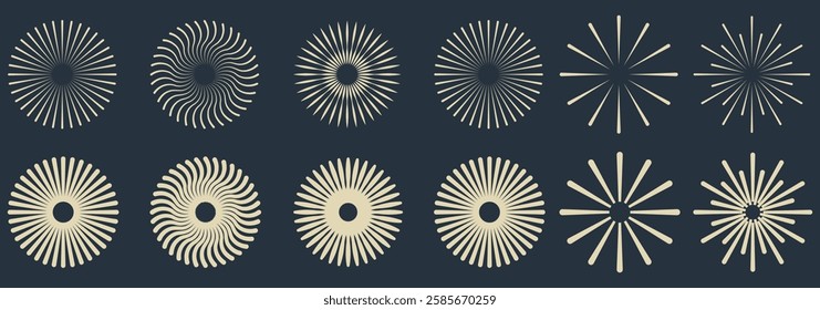 Circle line. Sunshine light ray. Black beam isolated on white background. Comic pattern. Sun effect rays. Flat design elements. Spokes with radiating stripes. Abstract illusion geometric shapes. 1176