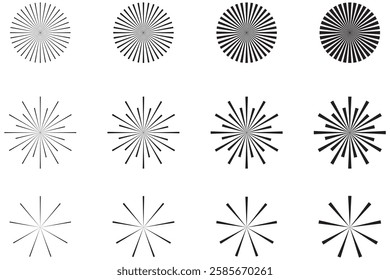 Circle line. Sunshine light ray. Black beam isolated on white background. Comic pattern. Sun effect rays. Flat design elements. Spokes with radiating stripes. Abstract illusion geometric shapes. 1176