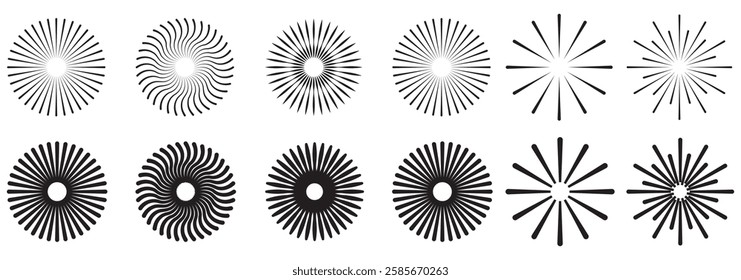 Circle line. Sunshine light ray. Black beam isolated on white background. Comic pattern. Sun effect rays. Flat design elements. Spokes with radiating stripes. Abstract illusion geometric shapes. 1176