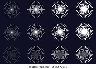 Circle line. Sunshine light ray. Black beam isolated on white background. Comic pattern. Sun effect rays. Abstract concentration element. Cartoons style. Comics lines. Fun star. 1176