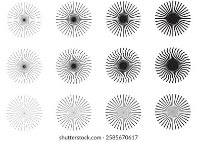 Circle line. Sunshine light ray. Black beam isolated on white background. Comic pattern. Sun effect rays. Abstract concentration element. Cartoons style. Comics lines. Fun star. 1176