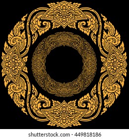 The Circle Line Thai Design is a modern and elegant abstract design made of gold and black lines. The background is a black field with classical elements in white, such as leaves and flowers. 