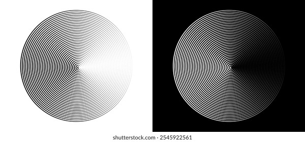 Círculo con líneas de fondo abstracto. Ilusión de gradiente. Forma negra sobre fondo blanco y líneas blancas en el lado negro.