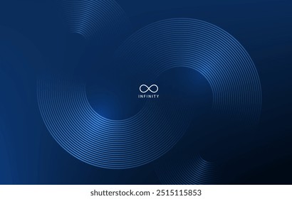 Linhas de círculo, plano de fundo vetorial de sinal de infinito abstrato. Padrão mínimo geométrico circular azul escuro. Conceito de design de tecnologia. Banner moderno de linhas arredondadas brilhantes.