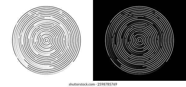 Circle with lines and dots as abstract background, logo or icon. Black shape on a white background and white lines on the black side.