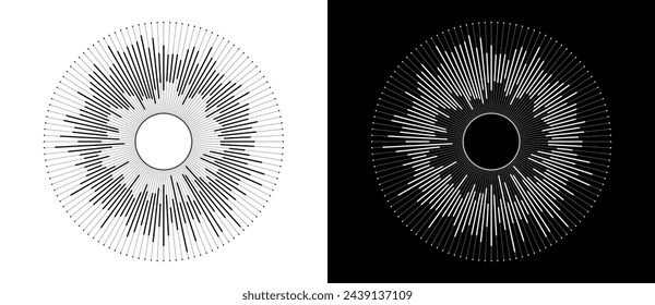 Circle with lines and dots as dynamic abstract vector background or logo or icon. Big Data concept. Black shape on a white background and the same white shape on the black side.