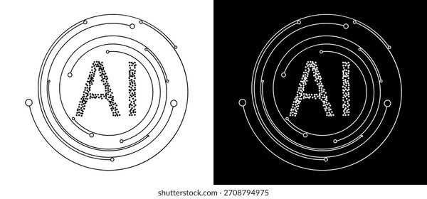 Círculo com linhas e pontos e letras AI como fundo. Vetor abstrato conceito de IA. Pontos pretos em um fundo branco e os mesmos pontos brancos no lado preto.