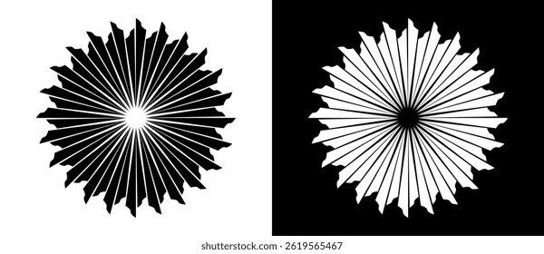 Circle with lines as dynamic abstract vector background or logo or icon. Flower concept. Black spiral on white background and white spiral on black background.