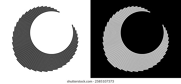 Circle from lines like moon. Monochrome abstract background or icon or logo. Black shape on a white background and the same white shape on the black side.
