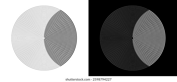 Circle from lines like moon. Monochrome abstract background or icon or logo. Black shape on a white background and the same white shape on the black side.