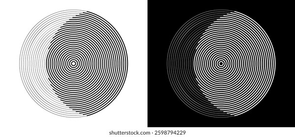 Circle from lines like moon. Monochrome abstract background or icon or logo. Black shape on a white background and the same white shape on the black side.