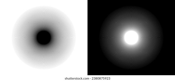 Circle with lines like sun concept. Can be used as an icon, logo, tattoo. Black shape on a white background and the same white shape on the black side.