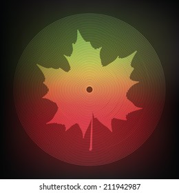 Circle lines with maple leaf silhouette inside on colorful background. 