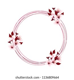 Circle lines as wreath decorated with cherry blossom bouquets, sakura sweet pink flowers on white background. Vector illustration.