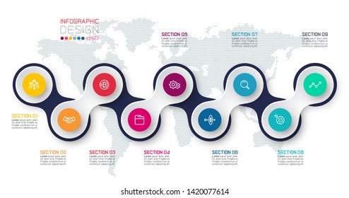 Circle linked with business icon infographics on world map background.