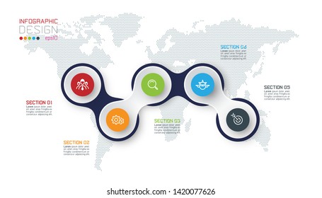 Circle linked with business icon infographics on world map background.