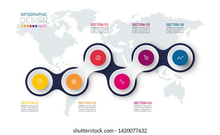 Circle linked with business icon infographics on world map background.