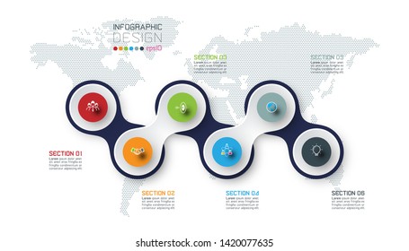 Circle linked with business icon infographics on world map background.