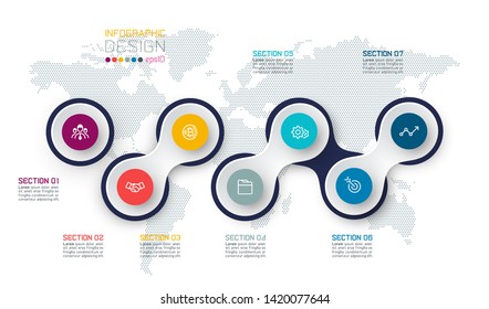 Circle linked with business icon infographics on world map background.