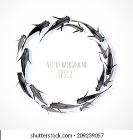 Circle of little black fishes hand drawn in traditional Japanese style sumi-e. Vector illustration.