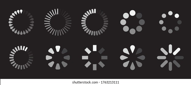 Circle loader icon collection. White round progress bar. Loading indicator set for web and application ui isolated on black background