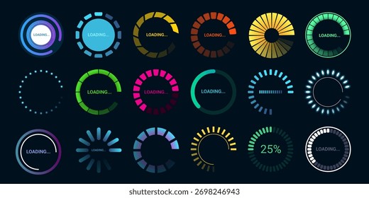 Circle loaders. Round loading bar cartoon icons, futuristic neon web download spinner animation level progress time load digital neon upgrade indicator, kicky vector illustration