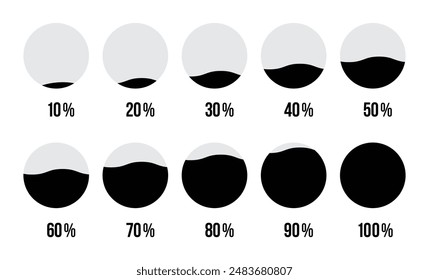 Circle loading with liquid infographic symbol set with percentage in black and grey color. Set of circle loading with liquid icon set from 10 percent to 100 percent isolated on a white background.