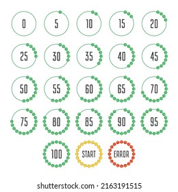 Circle loading or progress bars isolated on white background. Template graph blue pie chart with gradations 10 15 20 25 30 35 40 45 50 55 60 65 70 75 80 85 90 95 100. Vector illustration EPS 10.