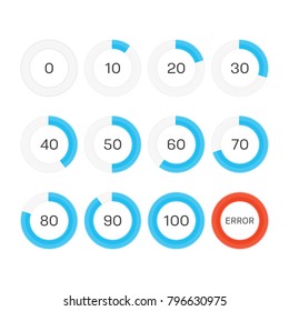 Circle loading or progress bars isolated on white background. Template graph blue pie chart with gradations 10 20 30 40 50 60 70 80 90 100. Vector illustration EPS 10.