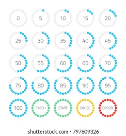 Circle loading or progress bars isolated on white background. Template graph blue pie chart with gradations 10 15 20 25 30 35 40 45 50 55 60 65 70 75 80 85 90 95 100. Vector illustration EPS 10.