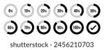 Circle loading or circle progress collection. Set of circle percentage diagrams for infographics 0 10 20 30 40 50 60 70 80 90 100 percent in black and grey color. Vector infographics set.