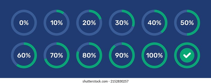 Carga de círculo y colección de progreso de círculo. Conjunto de diagramas de porcentaje de círculo para infografías, 0 10 20 30 40 50 60 70 80 90 100 por ciento.