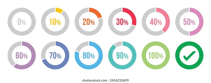 Círculo de carga o círculo de colección de progreso. Conjunto de diagramas de porcentaje de círculo para infografías 0 10 20 30 40 50 60 70 80 90 100 por ciento de estilo colorido. Conjunto de infografías de Vector.
