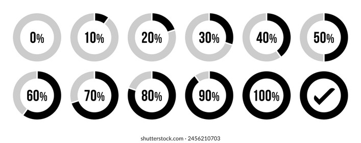 Círculo de carga o círculo de colección de progreso. Conjunto de diagramas de porcentaje de círculo para infografías 0 10 20 30 40 50 60 70 80 90 100 por ciento en color negro y gris. Conjunto de infografías de Vector.