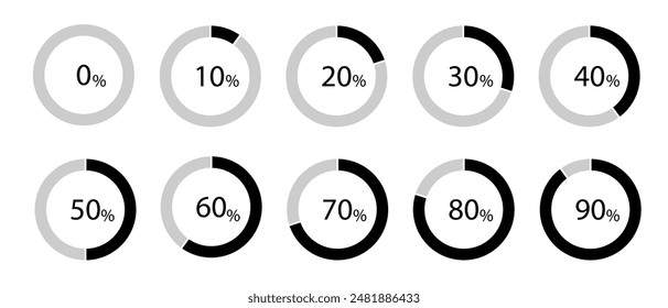 Circle loading and circle progress collection. Set of circle percentage diagrams for infographics, 0, 10, 20, 30, 40, 50, 60, 70, 80, 90, 100 percent.