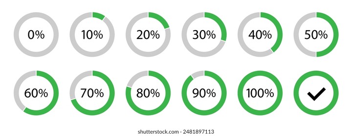 Circle loading and circle progress collection. Set of circle percentage diagrams for infographics, 0, 10, 20, 30, 40, 50, 60, 70, 80, 90, 100 percent.