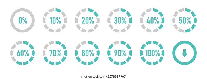 Circle loading or circle progress collection. Set of circle percentage diagrams for infographics 0 10 20 30 40 50 60 70 80 90 100 percent in cyan color. Vector infographics set.