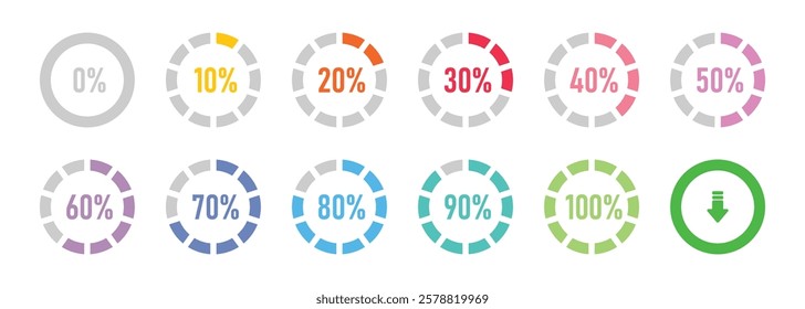 Circle loading and circle progress collection. Set of circle percentage diagrams for infographics 0 10 20 30 40 50 60 70 80 90 100 percent in various color. Vector icon