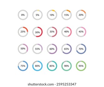 Circle loading or circle progress collection. Set of circle percentage diagrams for infographics 0 10 20 30 40 50 60 70 80 90 100. Vector infographics set. Set of circle percentage vector.