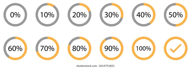 Circle loading or circle progress collection. Set of circle percentage diagrams for infographics 0,10, 20, 30, 40, 50, 60, 70, 80, 90, 100 percent in black and of Vector.