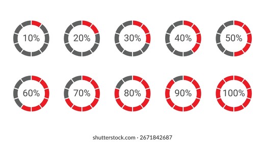 Carregamento de círculo ou coleção de progresso de círculo. Conjunto de diagramas de porcentagem de círculo para infográficos 0 10 20 30 40 50 60 70 80 90 100 por cento na cor amarela. Conjunto de infográficos vetoriais