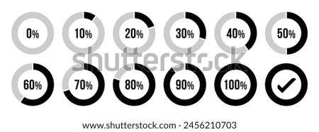 Circle loading or circle progress collection. Set of circle percentage diagrams for infographics 0 10 20 30 40 50 60 70 80 90 100 percent in black and grey color. Vector infographics set.