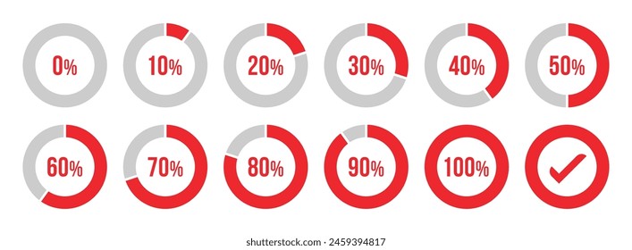 Circle loading or circle progress with percentage collection in red color. Set of circle percentage diagrams for infographics 0 10 20 30 40 50 60 70 80 90 100 percent. Vector infographic set.