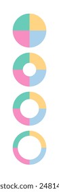 Circle loading template. 100 percent round pie chart. Circular progress bar with 4 slices. Schemes with sectors. Progress diagram structure. Piechart with segments. Vector illustration