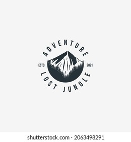 circle logo adventure vector design template. mountain and pine forest logo vector illustration isolated on white background