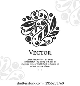 Circle logo design with black leaves on a white background. Luxury vintage vector template with elegant elements. Can be used as monogram and emblem. Great for invitation or wallpaper.