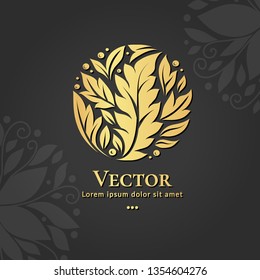 Circle logo design with golden leaves on a black background. Luxury vintage vector template with elegant elements. Can be used as monogram and emblem. Great for invitation or wallpaper.