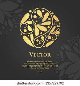 Circle logo design with golden leaves on a black background. Luxury vintage vector template with elegant elements. Can be used as monogram and emblem. Great for invitation or wallpaper.